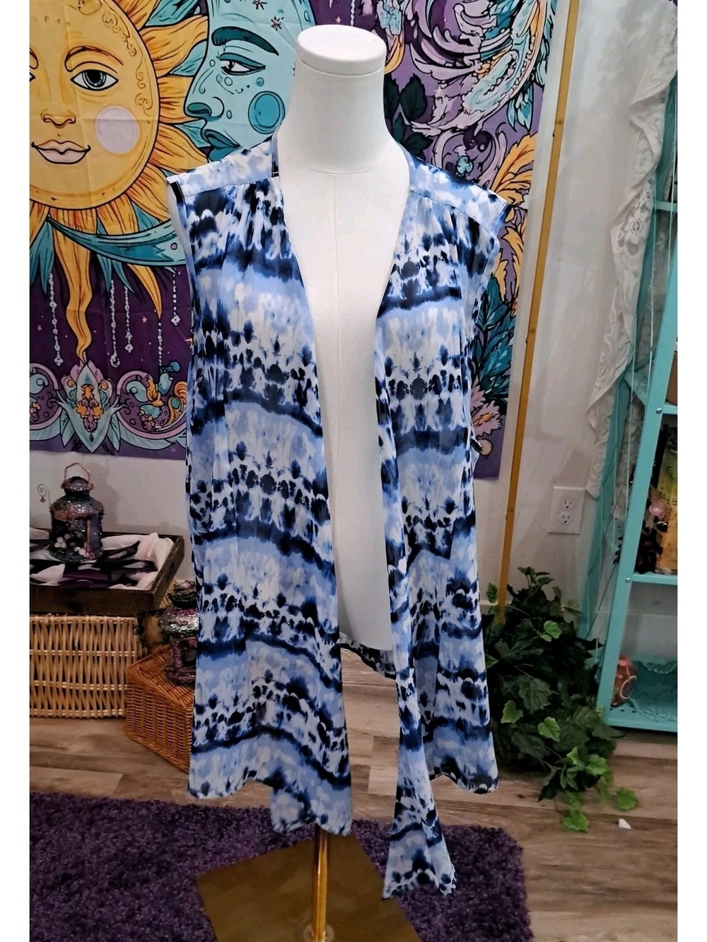 Blue Current Tie Dye Waterfall Vest Longline Boho Festival Layer Plus Size 2XL